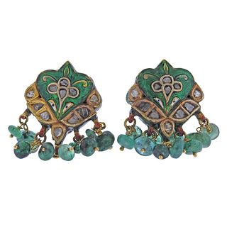 Indian 18k Gold Emerald Diamond Enamel Earrings