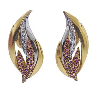 English 1960s 18k Gold Diamond Ruby Earrings