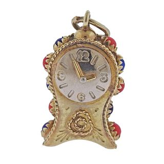 Antique 14k Gold Coral Lapis Clock Charm Pendant