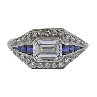 Art Deco Platinum diamond Sapphire Engagement Ring