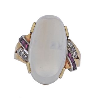 Retro Iconic 14k Gold Moonstone Ruby Diamond Ring