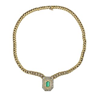18K Gold 1.25ct Emerald 4.9ctw Diamond Pendant Necklace