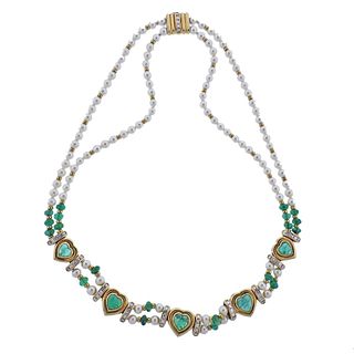Adler 18K Gold 13.95ctw Emerald Diamond Pearl Necklace