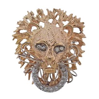 14k Gold Diamond Lion Brooch Pendant