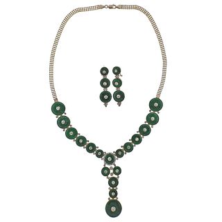 14k Gold Jade Diamond Necklace Earrings Set