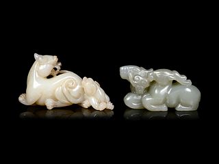Two Chinese Celadon Jade Carvings of Mythical Beasts