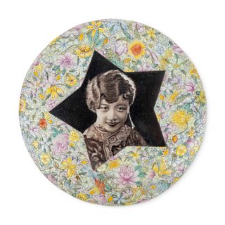 A Rare Chinese Black Enameled and Famille Rose Porcelain Circular 'Portrait' Plaque