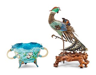 A Chinese Export Enamel on Silver Figure of a Phoenix and A Enamel on Copper Bowl