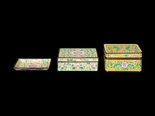 Three Chinese Yellow Ground Painted Enamel Articles