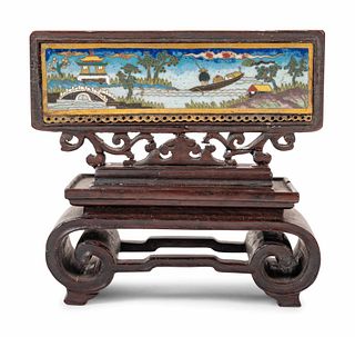 A Chinese Cloisonne Enamel Inset Hardwood Table Screen
