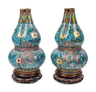 A Pair of Chinese Cloisonne Enamel 'Gourd' Vases