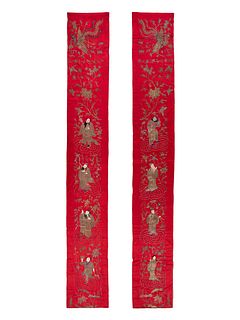 A Pair of Chinese Red Ground Embroidered Silk Panels