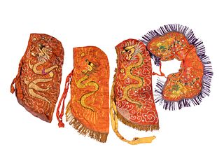 Four Chinese Orange Ground Embroidered Silk Theatrical Articles