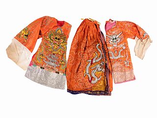 Two Chinese Orange Ground Silk Embroidered Theatrical Robes and A Cape