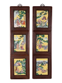 A Pair of Chinese Famille Rose Porcelain Inset Hardwood Wall Panels