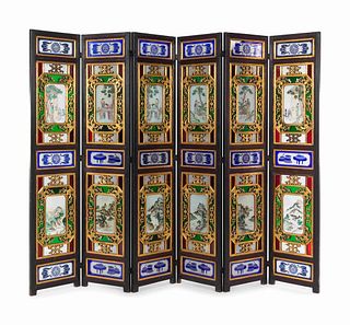 A Chinese Painted Glass Inset Gilt Decorated Hardwood Six-Panel Floor Screen