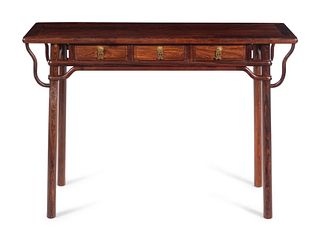 A Chinese Huanghuali Three Drawer Recessed Leg Altar Table