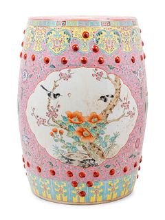 A Chinese Pink Ground Famille Rose Porcelain Garden Stool