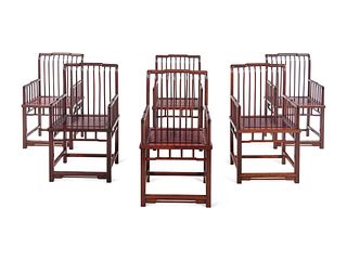A Set of Six Chinese Hardwood Spindle-Back Armchairs, Shubeiyi or Meiguiyi