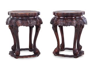 A Pair of Chinese Lacquered Hardwood Flori-Form Stools