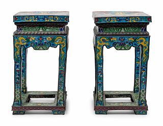 A Pair of Chinese Blue Ground Cloisonne Enamel Stools