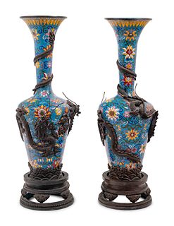 Two Pairs of Chinese Blue Ground Cloisonne Enameled 'Dragon' Vessels