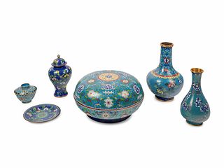 Six Chinese Blue Ground Cloisonne Enameled Vessels
