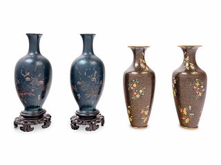 A Pair of Chinese Lacquer Vases and A Pair of Chinese Cloisonne Enamel Vases