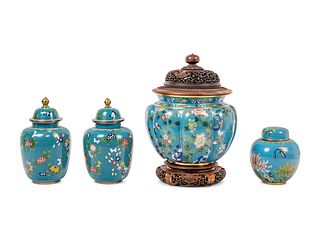 Four Chinese Blue Ground Cloisonne Enamel Jars and Covers