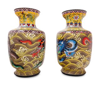 Seven Large Chinese Yellow Ground Cloisonne Enameled Vases