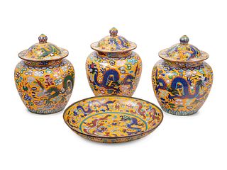 Four Chinese Yellow Ground Cloisonne Enameled Vessels