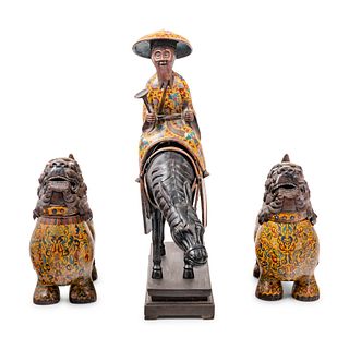 Three Chinese Yellow Ground Cloisonne Enameled Figural Articles
