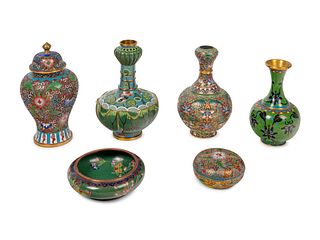 Six Chinese Green Ground Cloisonne Enameled Vessels