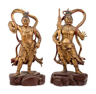 A Pair of Chinese Gilt Lacquered Wood Figures of Guardians