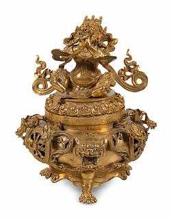 A Sino-Tibetan Style Gilt Bronze Tripod Incense Burner