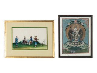 A Chinese Export Pith Painting and A Tibetan Thangka