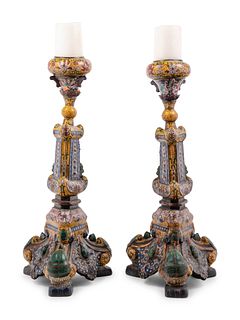 A Pair of Japanese Yellow Ground Cloisonne Candlesticks