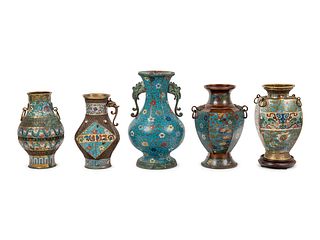 Five Japanese Archaistic Blue Ground Cloisonne Enameled Vases