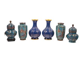 Three Pairs of Japanese Blue Ground Cloisonne Enamel Vases