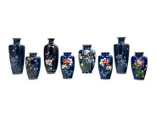 Eight Japanese Blue Ground Cloisonne Enamel and Embossed Foil 'Ginbari' Vases