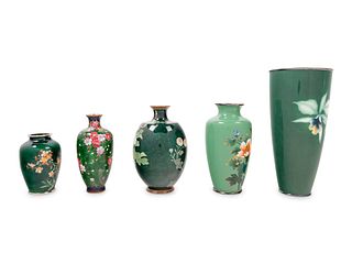 Five Japanese Green Ground Cloisonne Enamel and Embossed Foil 'Ginbari' Vases