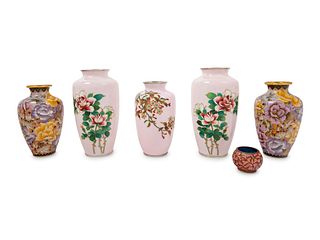 Six Japanese Pink Ground Cloisonne Enamel Vessels