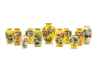 11 Japanese Yellow Ground Cloisonne Enamel and Embossed Foil 'Ginbari' Vases