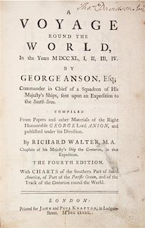 ANSON, GEORGE, BARON ANSON. A Voyage Round the World... London, 1748. 4th ed., with 3-folding maps.