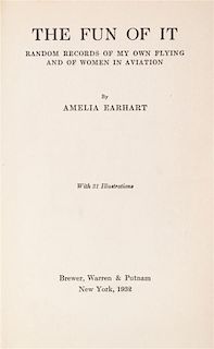 * EARHART, AMELIA. The Fun of It... New York, 1932. Third printing. Signed by Earhart.
