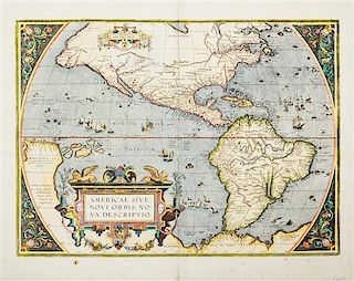 (MAP) ORTELIUS, ABRAHAM. Americae Sive Novi Orbis... Antwerp, 1579. Engraved map w/hand-coloring.