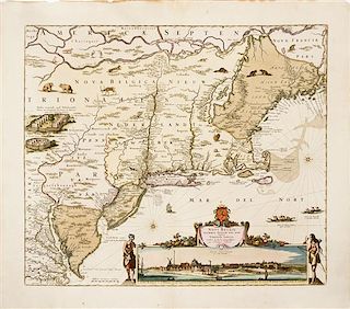 (MAP) VISSCHER, NICHOLAUS. Novi Belgii Novaeque Angliae... Amsterdam, 1684. Engraved map w/hand-coloring.