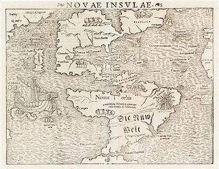 * (MAP) MUNSTER, SEBASTIAN. Novae Insulae. [Basel, 1572] Woodcut engraved map. First printed map of the American continents.