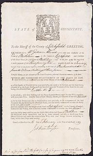 HUNTINGTON, JEDEDIAH. Partially printed document signed as State Treasurer ("Jed Huntington"), Hartford, 1789.