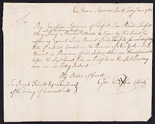 (COLONIAL LEGAL DOCUMENT) Manuscript document rewarding money to a Jonathan Filliman for reporting a counterfeiter.